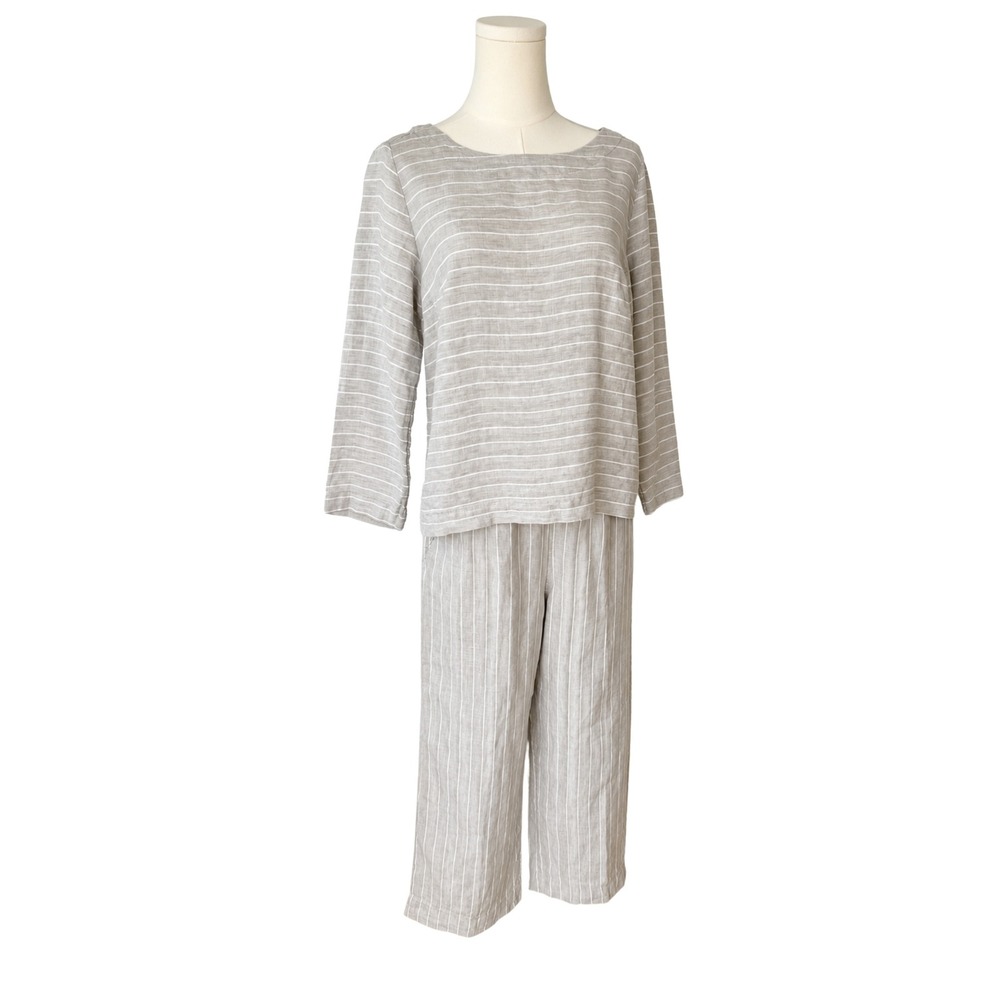 C&C California Top Pants Set Womens Coastal Small Tan White Stripe 100% Linen